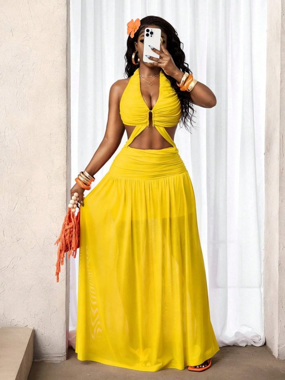 Yellow Sexy Women's V-Neck Backless maxi Dress